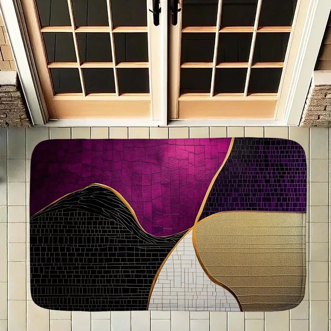 Luxury Abstract Doormat Purple Gold Geometric Welcome Mat Non Slip Absorbent Entrance Floor Rug Gold Foil Line Mosaic Patchwork Area Carpet for Front Door Indoor Outdoor Home Decor Art Foot Pad