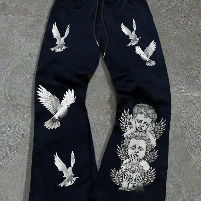Men's Angel & White Dove Animal Print Drawstring Waist Sweatpants, Casual Jogging Pants, Casual Athletic Pants, Regular Fit Street Fashion  Casual Comfy Pocket Straight Leg Casual Sporty Trousers for Spring & Fall, Men's Trousers for Daily Wear Fitted