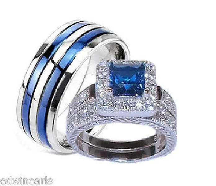 His & Hers Sapphire Blue & Clear Cz Wedding Ring Set Sterling Silver/Titanium Weddingrings
