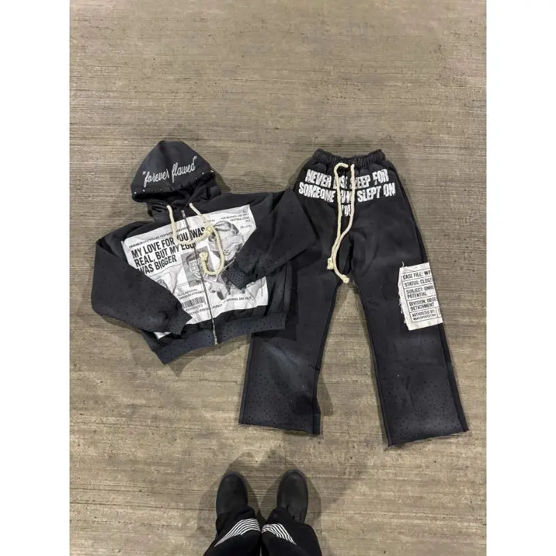 Sweatshirt and pants Y2K New Gothic Punk Sportswear Two Piece Set Harajuku Retro Patchwork Printed Loose Zipper Hoodie Fashion Casual Pants