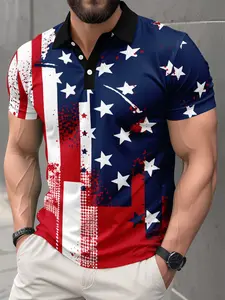 Men's Summer Breathable Fitted Short Sleeve Polo Shirt, Vintage Star Spangled Print, Casual Style, Patriotic Design