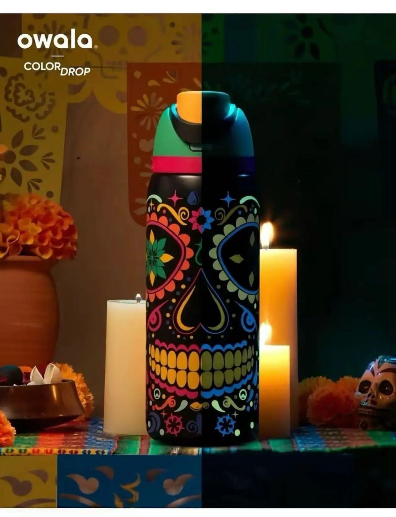 Owala 32oz Insulated Leak-Free Travel Tumbler Vacuum Flask - Portable Water Bottle with Straw, Colorful Sugar Skull Design, Fluorescent Glow-in-the-Dark Details for Kitchen Drinkware Use, LLeak-Free Vacuum Flasks, TrAavel Tumbler Vacuum Flasks