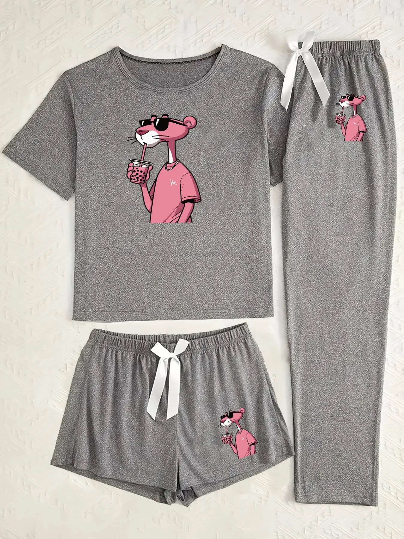 Women's Feminine Leopard Print Sleepwear Set, Casual Fitted Three-Piece Loungewear Pajamas, Heart Pattern All-Season Comfortable Nightwear