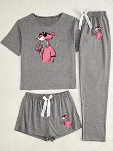 Women's Leopard Print Sleepwear Set Loungewear, Casual Fitted Three-Piece Pajamas, Heart Pattern All-Season Comfortable Nightwear