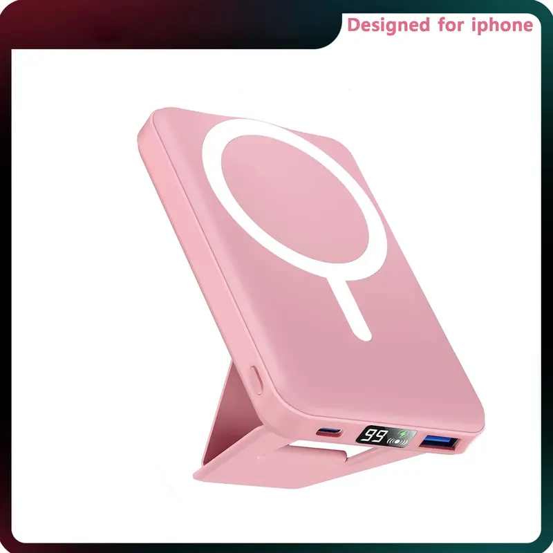 Podoru 10000mAh Silicone Magnetic Wireless Power Bank - Foldable Stand, 20W Max Quick Charge 2.0, Micro USB, Pink Blush Mobile Charging Device for iPhone 17/16/15/14/13/12 Series Travel EDC Accessories