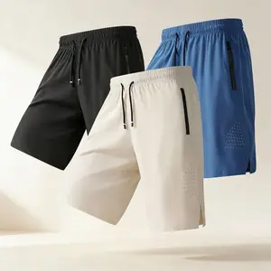 Men’s solid-color shorts with zipper pockets, black/beige/blue; summer casual, comfortable, breathable knee-length shorts; men’s bottoms, men’s shorts, men’s clothing; 3-pack
