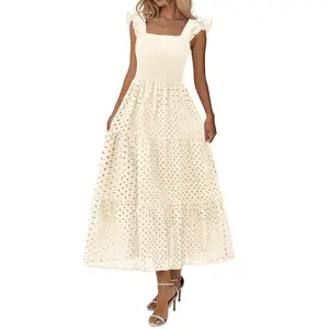 Lazysmile Womens Summer Maxi Dress Square Neck Ruffle Cap Sleeve Hollow Out Eyelet Smocked Tiered A Line Boho Sundress