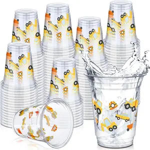 50 Pcs 12 oz Construction Theme Plastic Disposable Cups Dump Truck Traffic Glasses for Birthday Party Favors Supplies Home Decoration