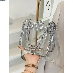 Women’s Transparent PVC Saddle Crossbody Bag, Retro Style Mini Purse With Sparkling Diamond Chain Strap, Lightweight Stylish Handbag Ideal For Daily Casual Outfits, Concerts And Stadium Activities