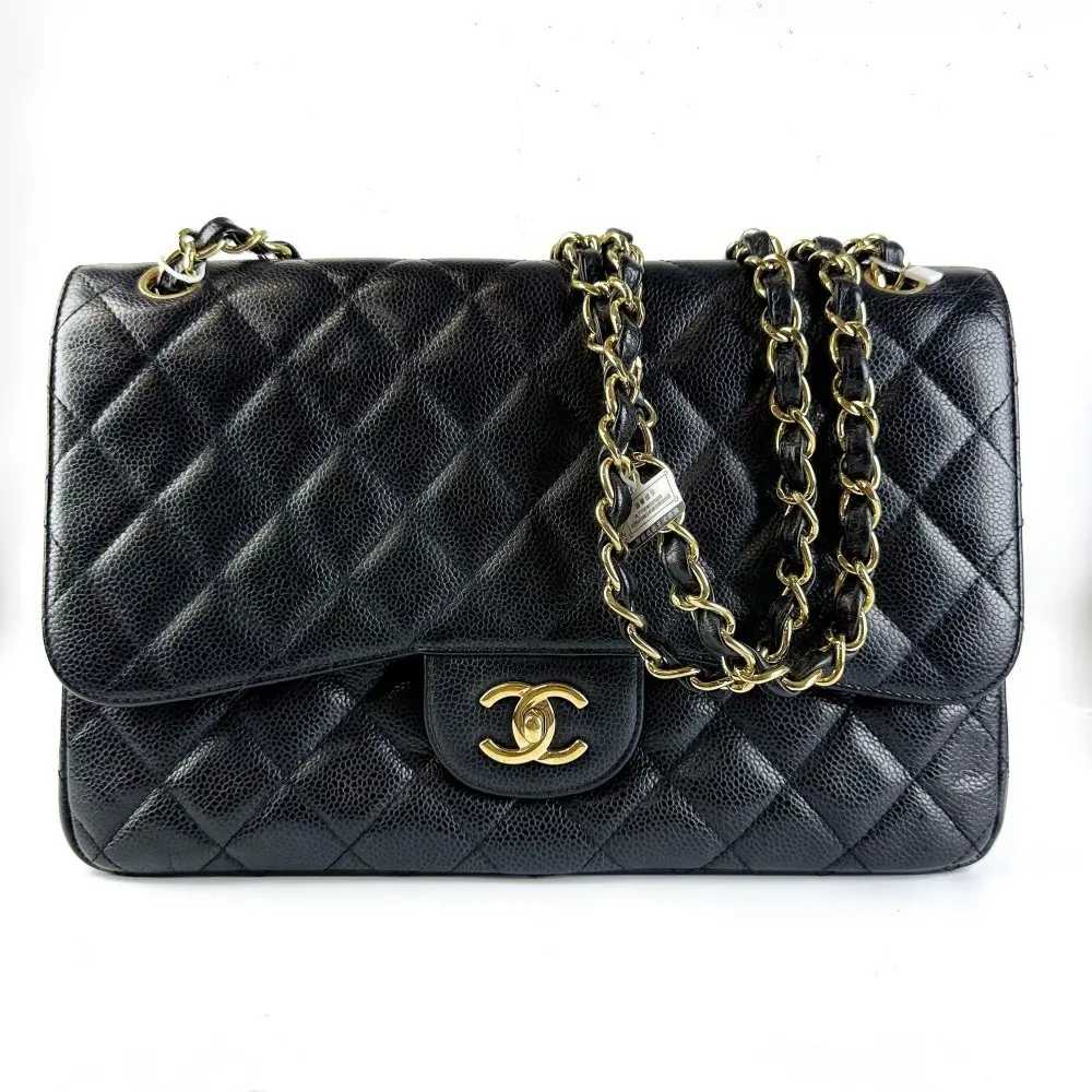 Pre-owned CHANEL Classic Flap Medium Black Caviar Leather Gold Hardware Shoulder Bag【939】