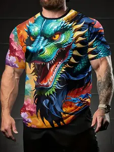 Men's Summer Tropical Dragon Print T-Shirt - Vibrant Short Sleeve Round Neck, Lightweight Polyester Fabric, Bold Mythical Creatures Design, Comfortable Casual Wear for Men, Summer Leisure Attire | Mythical Creatures Series | Polyester Fabric Streetwear