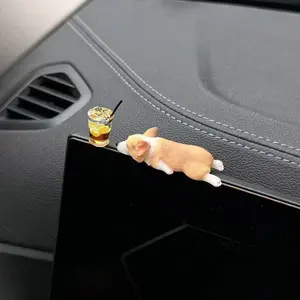 Mini Sleeping Corgi Car Ornament, Creative Interior Dashboard Decoration, Realistic Cute Resin Dog Figurine, Car Accessories