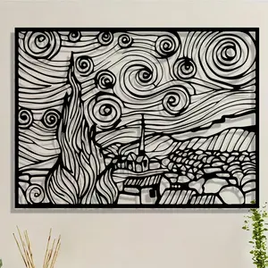 Van Gogh Starry Night Metal Wall Decor, Vintage Iron Art Swirl Sky Pine Tree Design, Indoor Outdoor Modern Home Decor Garden Balcony Decoration Gift