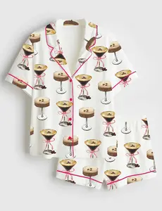 Women's Espresso Martini Pink Bow Short Sleeve Satin Pajama Set - including short-sleeve and long-sleeve pajama sets pyjamas sets.