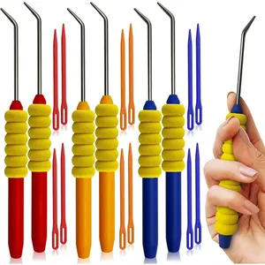 Knitting Loom Hook with Soft Grip, More Comfortable Loom Knitting Hook for Arthritic Hands, 6PCS Longer Loom Crochet Hooks (5.5in) Stainless Steel Yarn Loom Hooks with 12 Sewing Needles (S)