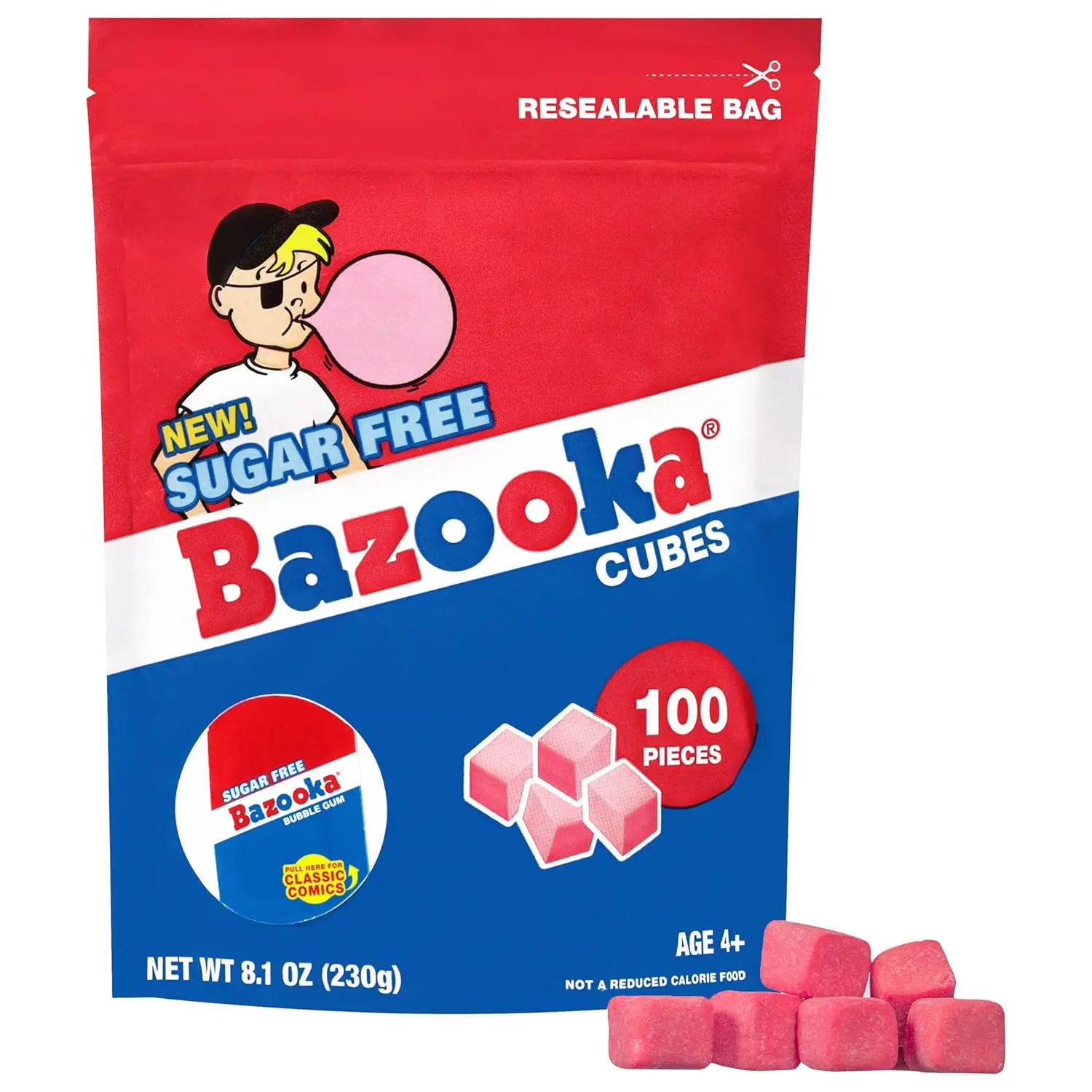 Bubble Gum Sugar-Free Chewing Gum Cubes, Bulk in Resealable Bag, 100 Ct in Original Pink Flavor w/Bazooka Joe Comics, Baseball Party Favors, Nostalgic 90s Candy
