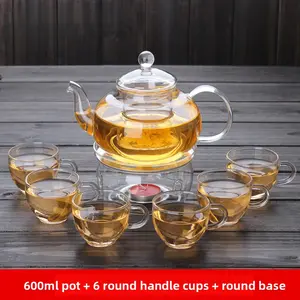 Constant Temperature Heated Glass Kettle 600ml Pot with 6 Round Handle Cups & Round Base Transparent Filter  Inner Glass Flower Tea Kettle Gift Box Tea Set Glass teapot suitable for women at home to use fruit beauty tea with thermostatic heating base