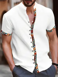 Men's Contrast Trim Tribal Print Vintage Short Sleeve Shirt, Regular Fit Casual Button Collared  Mock Neck Top for Summer, Fashion Men's Clothes for Daily Wear