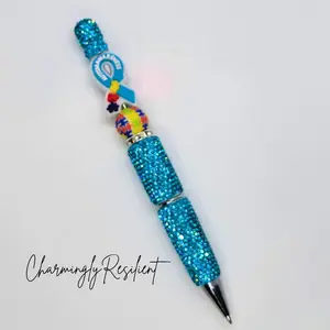 CharminglyResilient Autism Awareness Ribbon Blue Rhinestone Pen with Refill Featuring Sparkling Design and Colorful Ribbon Charm
