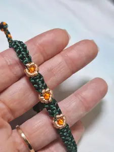 Green Macramé Daisy Bracelet - Gold Flowers Orange Centers