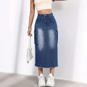 JUNBAOSS Women's Dark Blue Slim A-Line Minimalist Basic Denim Skirt - Mid-Rise, Casual Stretch, Mid-Length, Button Closure, Cargo Pocket, Frayed Hem, Comfortable Fall Streetwear Clothes, Machine Washable Skirt