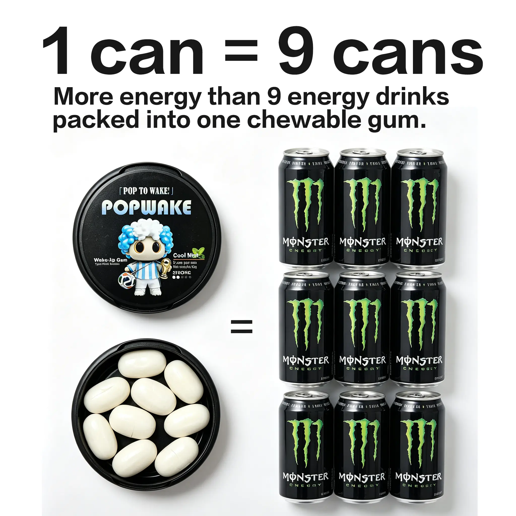 POPWAKE Energy Gum | For Gamers & Late-Night Hustle | 1 Can = 9 Energy Drinks