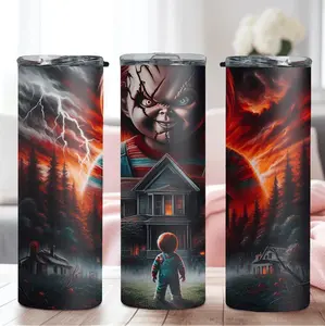 1pc Stainless Steel Tumbler with Chucky Design, 20oz Insulated Travel Cup with Straw, Rust-Resistant, Removable Lid, Perfect for Camping, Dining, Relaxing, Halloween & Christmas Gift for Family and Friends