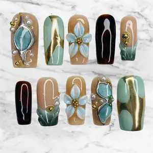 Nail Queendom [TEAL HALO] Handcrafted 3D Press-On Nails Reusables Long Lasting Salon Quality Easy Application 10 Pieces Set Eco-Friendly 3D-gel Finish