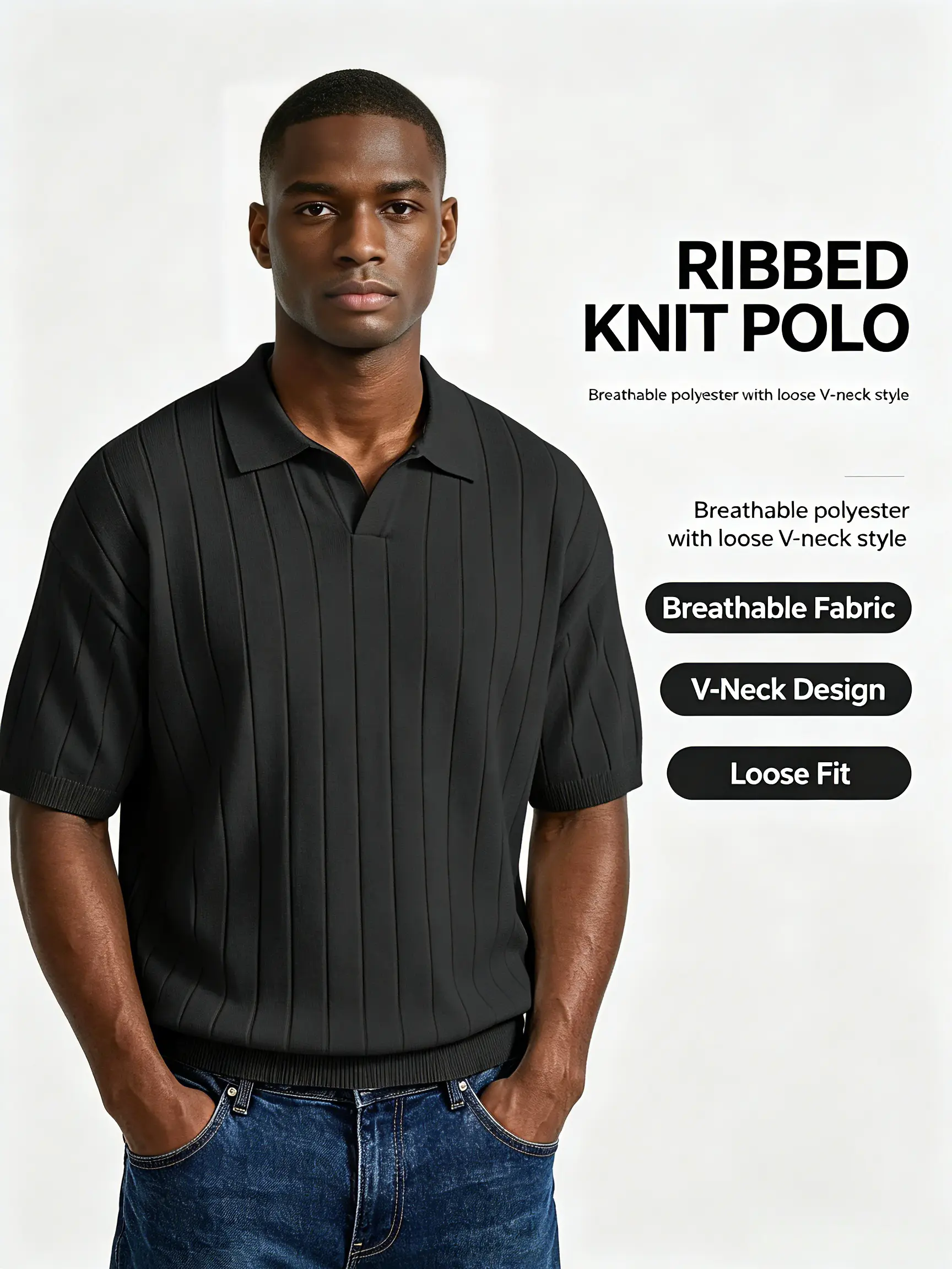 Men's Short Sleeve Ribbed Knit Polo Shirt, Casual V-Neck Loose-Fit Top, Lightweight Moisture-Wicking Stretch Fabric for Summer, Minimalist, Office, Outdoor, Knitting
