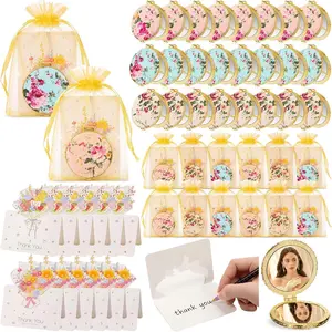 12 Sets Tea Party Favor Floral Compact Mirror for Purse Return Gifts for Pooja Thank You Cards Organza Bags Vintage Folding Makeup Pocket Mirrors for Women Wedding Travel (Peony,Gold Edge)