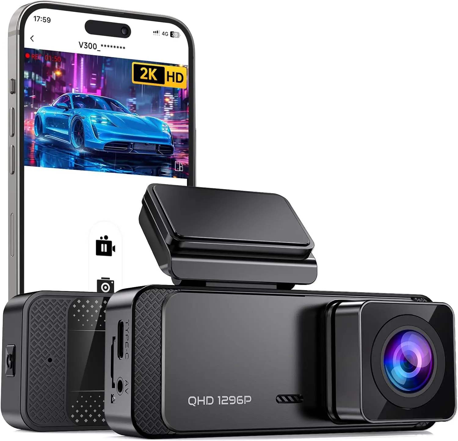1296P Dash Cam Front Car Camera with WiFi and App Control, Mini Hidden Dash Camera with Night Vision Loop Recording and 24H Parking Mode, Car Dashboard Camera Recorder Support up to 256GB Memory Card