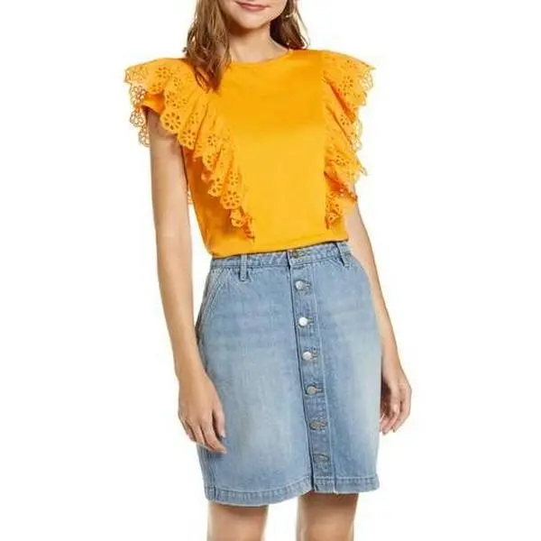 Women's Rachel Parcell Eyelet Ruffle woman Tee, Size M - Orange