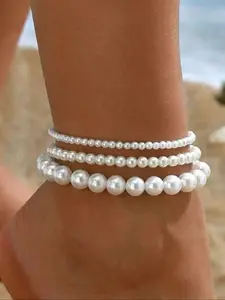 Minimalist Artificial Pearl Bead Ankle Chain, Adjustable Anklet, Fashionable Elastic Foot Accessory Set for Women & Girls, Casual Ocean Vacation Style Ankle Jewelry Set, Anklet