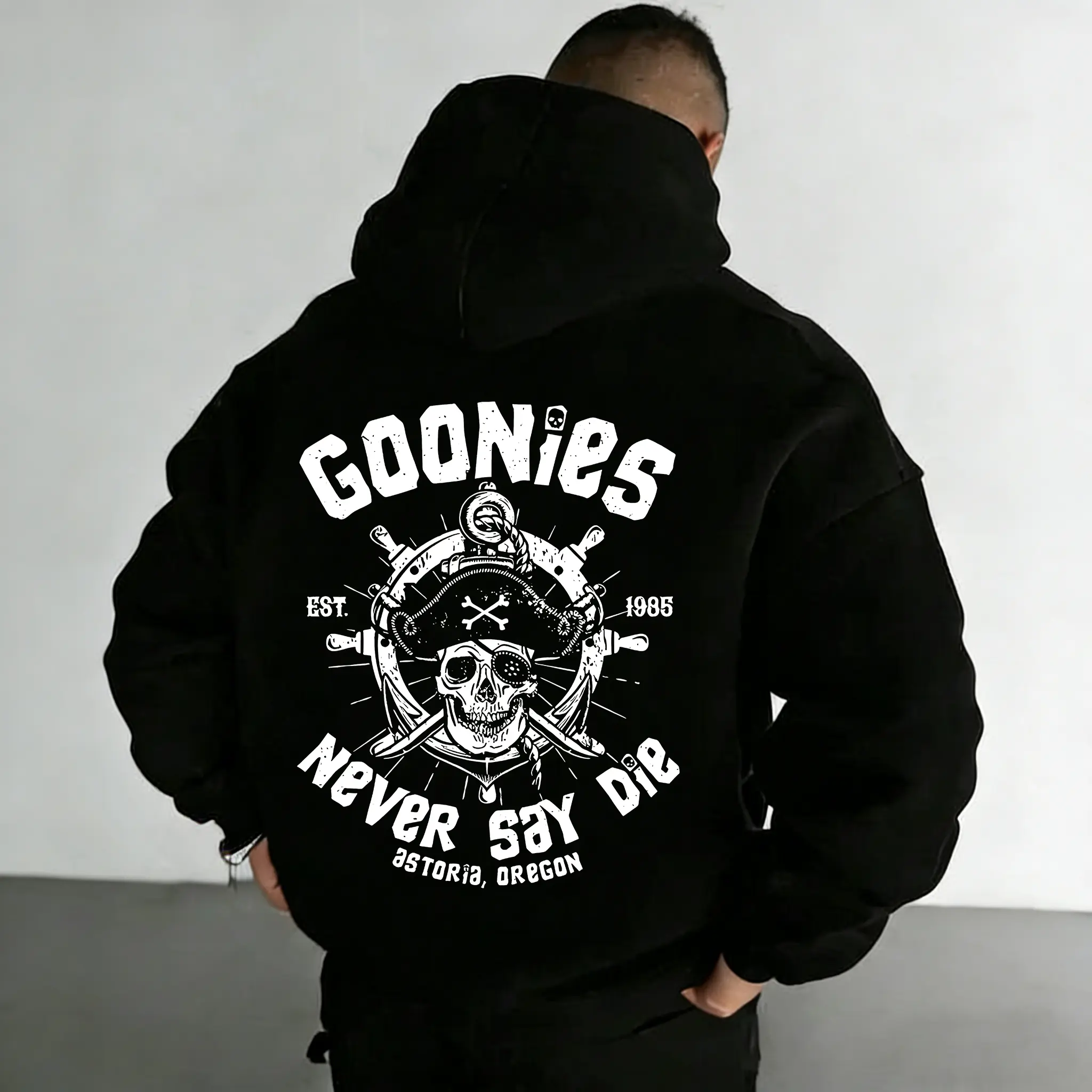 Never Say Die Retro Hoodie 1985 Vintage Pullover with Skull & Crossbones for Y2K Streetwear, Casual Urban Comfort & Movie-Inspired Fashion