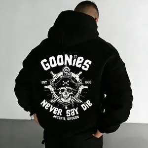 Never Say Die Retro Hoodie 1985 Vintage Pullover with Skull & Crossbones for Y2K Streetwear, Casual Urban Comfort & Movie-Inspired Fashion