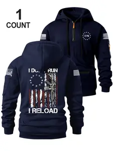 Men's Half-Zip Hooded Sweatshirt, Trendy Pocket Zipper Design, Flag Print, Multiple Colors Available, Loose Fit, Casual Streetwear, Hoodie Sweatshirt