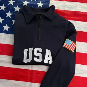 Embroidered USA Quarter Zip Sweatshirt, Retro USA With Flag Zip Sweatshirt, USA Pride, Semiquincentennial Crewneck, 4th of July Shirt
