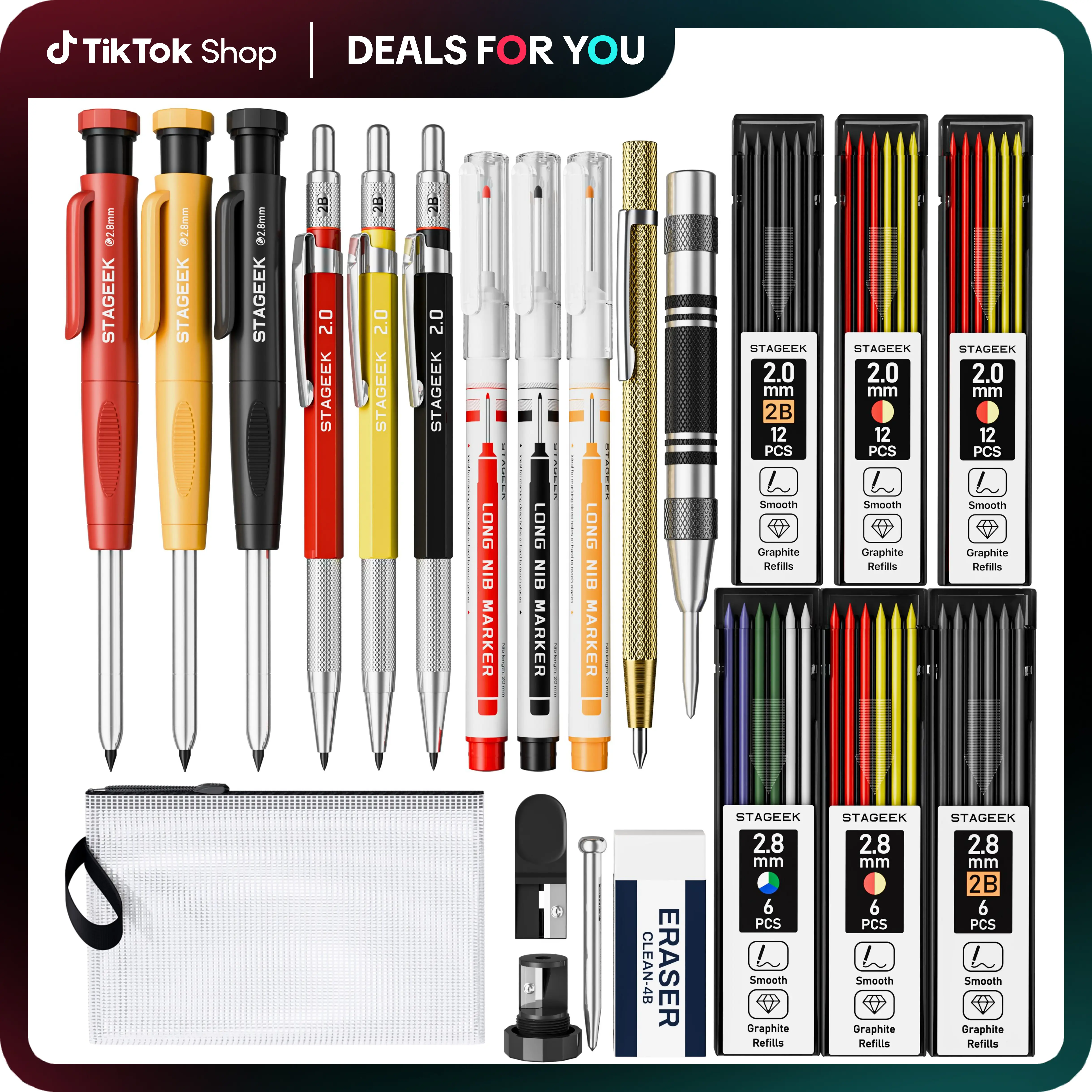 STAGEEK 22 Pack Mechanical Carpenter Pencil Set with Sharpener 60 Refills, Automatic Center Punch, Carbide Scribe Tool, Eraser and Deep Hole Marker Pe