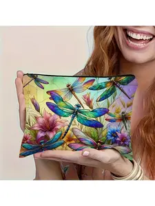Sanrio Colorful Dragonfly Floral Pattern, Multifunctional Travel Makeup Bag, Emergency Snack Pouch, Durable Polyester Zip Storage Bag, Machine Washable Minimalist Design, Suitable for Toiletries, Ideal for Travel, Vacation, Business, Fitness