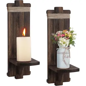 Alphatool Farmhouse Wall Decor Candle Sconces - 2 Pcs Vintage Rustic Handmade Wooden Wall-Mount Candle Holders for Bedroom Livingroom Home Hanging Art Decorations Accessories Gifts, Brown