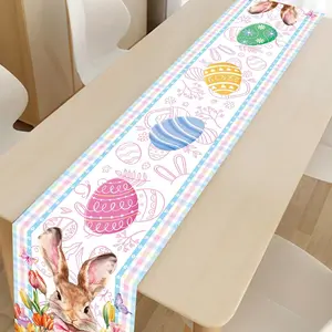 1Pcs Easter pink tablecloth, table runner, adorned with rabbits, Tulip, turmeric flowers and Easter eggs, spring new table flag and home decoration tablecloth, durable polyester material, suitable for dining rooms, living rooms, kitchens