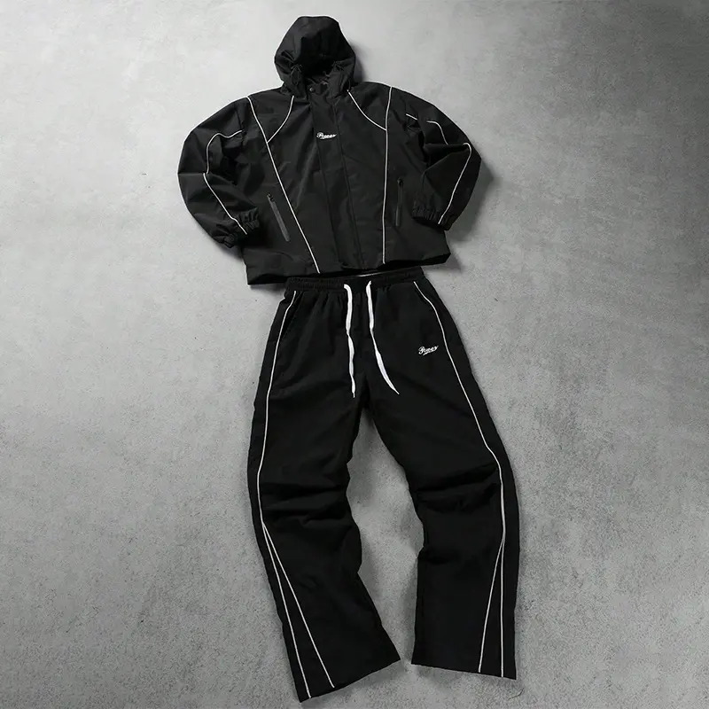 American retro striped hooded two-piece athletic set—high-street edgy functional casual outfit featuring windproof woven fabric with zippered pockets, a drawstring hood, elastic waistband, and straight-leg cut. Loose fit that flatters figures by slimming