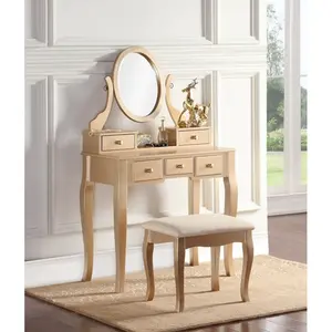 Wood Vanity Table and Stool Set, Dressing Table Wood Makeup Vanity Table and Stool Set, Gold