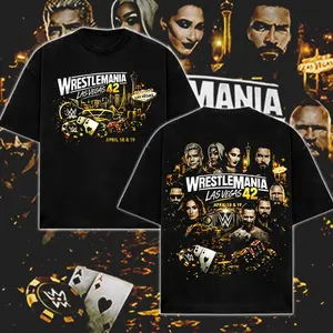 [WWE] WrestleMania Las Vegas 42 WWE Graphic T-Shirt, WrestleMania 42 Vegas Event Shirt, Roman Reigns Cody Rhodes Rhea Ripley Seth Rollins Wrestling Fan Tee, WWE Casino Vegas Style Vintage Streetwear Shirt, Pro Wrestling WrestleMania Fan Gift Tee