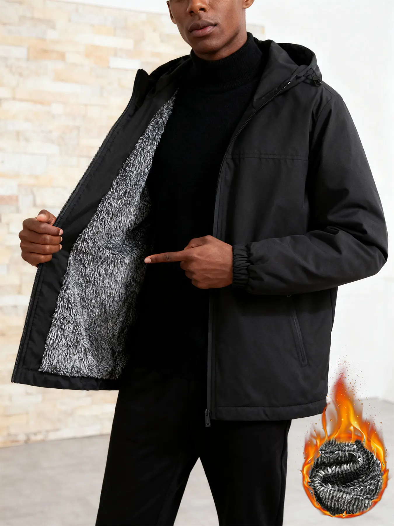 Men's Hooded Casual Jacket, Zip Closure, Plain Windproof Warm Fleece Outerwear, 100% Polyester, Easy Care, Fall Winter
