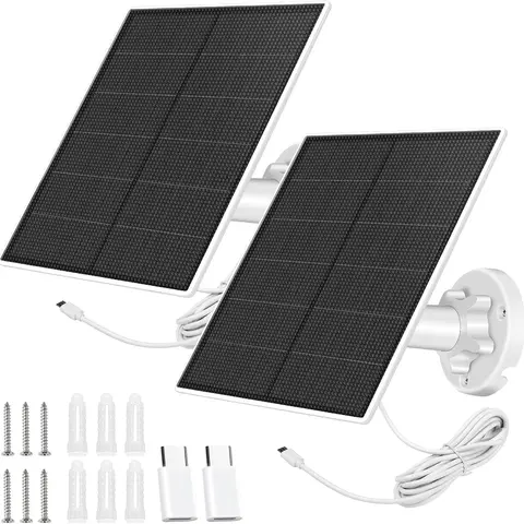 2-Pack High Efficiency Solar Panel Installation Kit for Security Cameras, 5W Monocrystalline Silicon Outdoor Solar Charger, IP65 Weather Resistant, Micro USB/USB-C Ports, 360° Adjustable Bracket, 3M Cable, Easy Setup, Non-Stop Power Supply