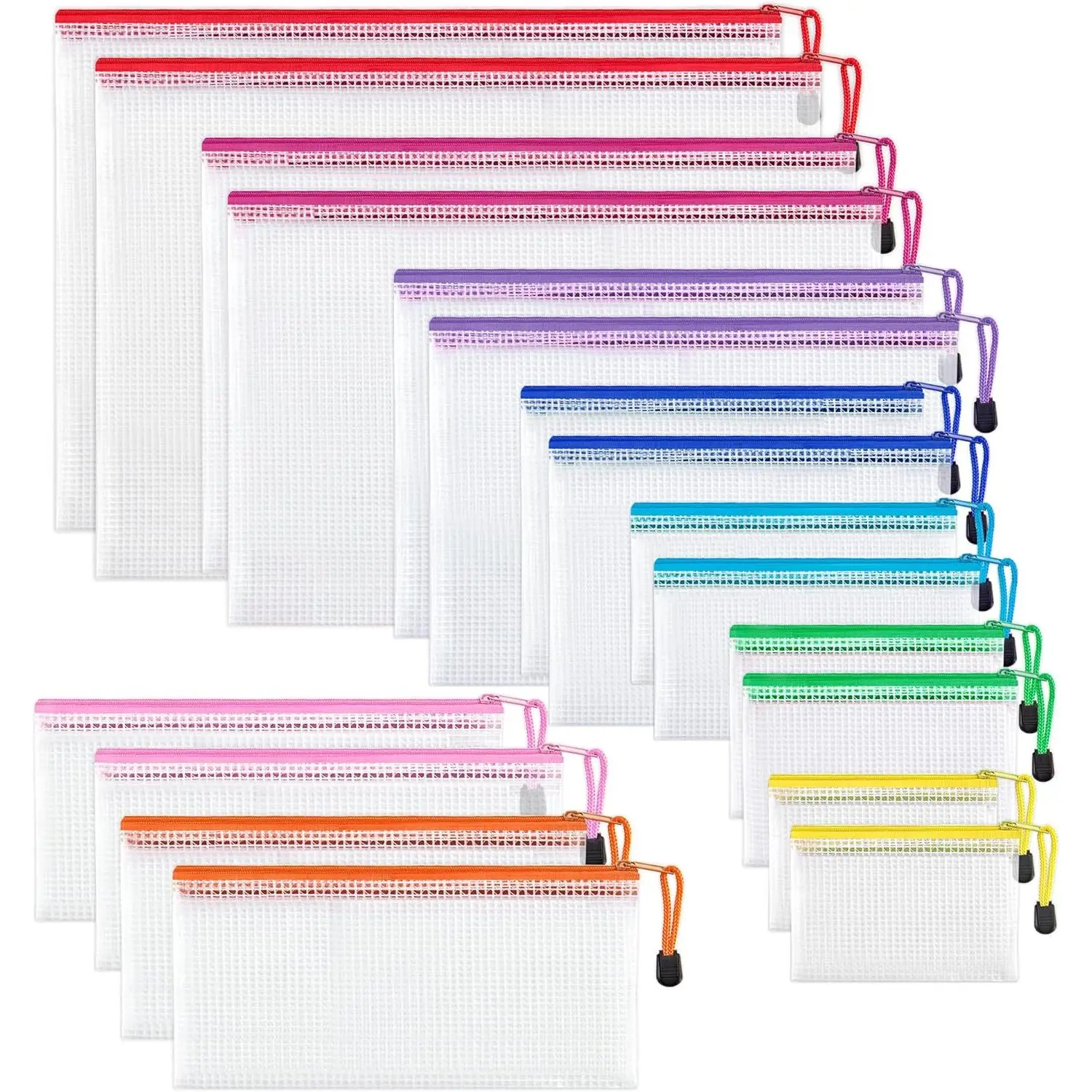 18-Pack Mesh PVC Storage Bags - 8 Sizes, 9 Colors, Waterproof Zipper Bags with Transparent View, A4/B5/7.7*5.5 Inches Options, Colorful Zips, Multipurpose Home Organizers for Colleges, Travel
