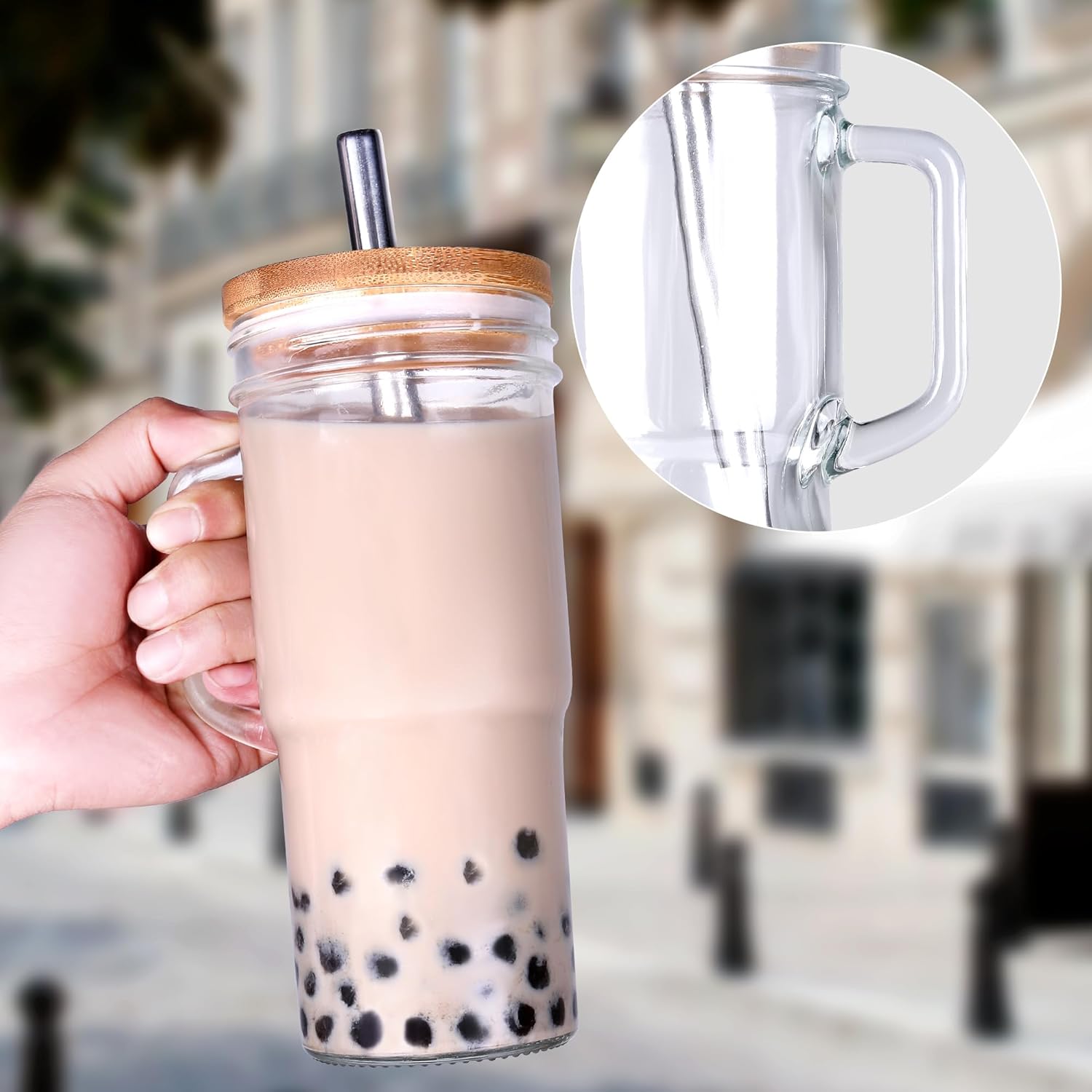 Glass Cups with Bamboo Lids and Straws,24oz Glass Tumbler with Handles,4-Pack Mason Jar with Lids and Straw Wide Mouth, Reusable Smoothies Cups, Iced Coffee Cups, Drinking Jars Travel Mugs