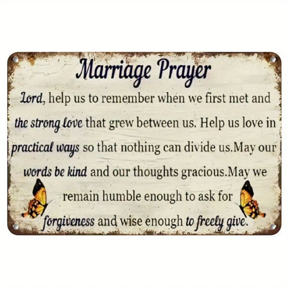 Marriage Prayer Metal Tin Sign, Christian Wedding Anniversary Valentine's Day Gift for Couple, Religious Wall Art with Butterfly, Inspirational Love Quote for Bedroom