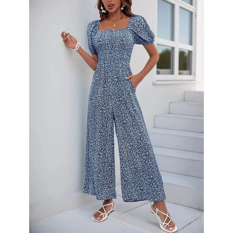 Lady's 2026 Fitted Ditsy Floral Printed Wide Leg Romper - Square Neck, Bubble Short Sleeves, Casual Sports Outdoor Wear (Sports & Outdoor Accessories), Shortsleeve